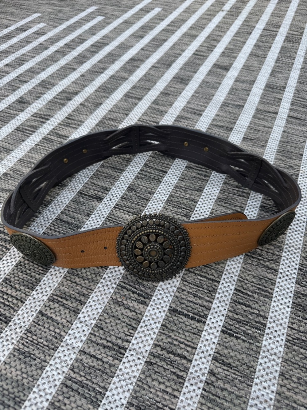 Chico's Tan and Black Belt with Decorative Antique-Tone Conchos